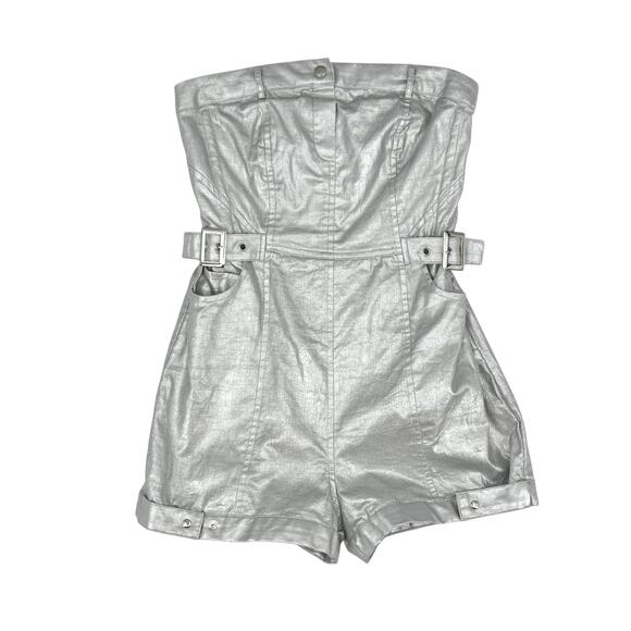 Urban Outfitters UO NWT Yara Metallic Silver Strapless Romper 100% Cotton - Picture 4 of 11